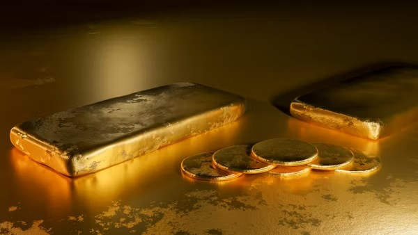 Gold doré bars and coins