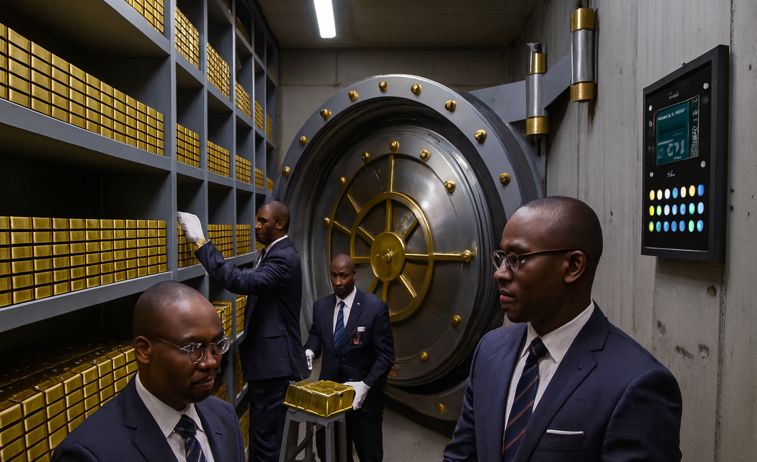 Bank officers loading gold bars inside the vault